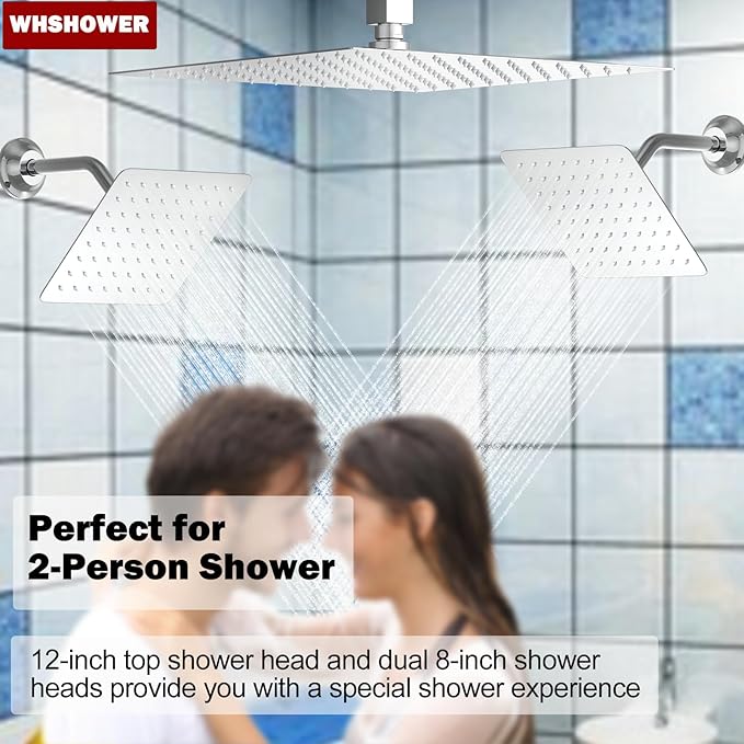 WHSHOWER Triple Shower Head Shower System Chrome Full Body Shower System with Digital Display Shower Valve, 12"+8"+8" Three Top Shower Heads,Handheld Shower and Body Jets