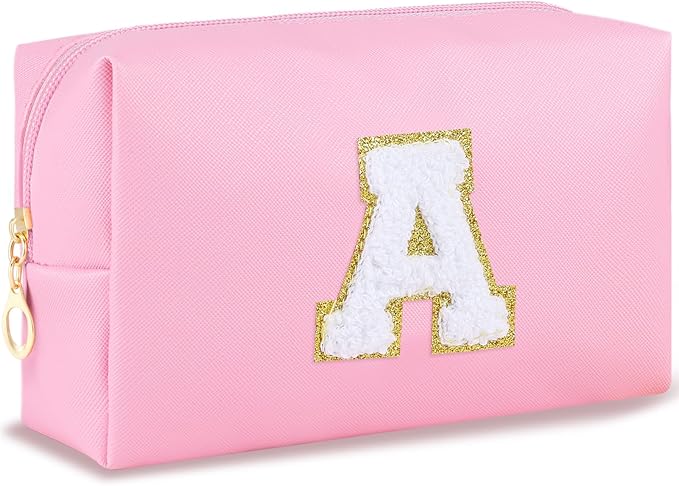 URSKYTOUS Initial Makeup Bag Personalized Preppy Cosmetic Bag Travel Toiletry Bag Waterproof PU Small Makeup Pouch Bag for Purse Birthday Gift Cute Stuff for Teen Girls Women (Pink A)