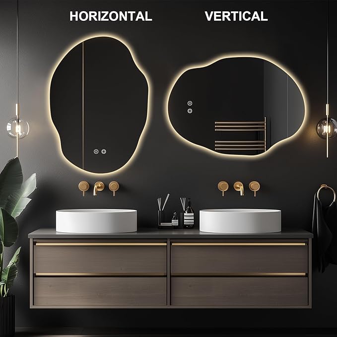 LED Bathroom Mirror with Lights,25x35 in Asymmetrical Led Bathroom Mirror for Wall, Backlit Mirror with Anti-Fog,3 Colors and Dimmable Light,[Horizontal/Vertical]