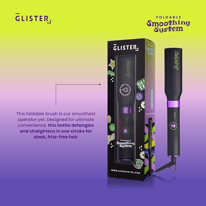 Glister Folding Hair Straightener Brush, Hair Brush for Hair Straightening, Volumizer, Fringe Curler, Hair Styling Comb with Adjustable Temperature - Black Berry Splash (Black)