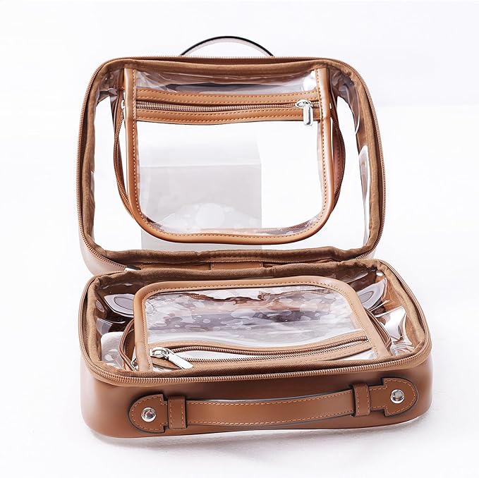 SANHECUN traveling toiletry Case large clear cosmetics case makeup bag (Brown, Small)