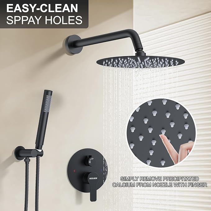 KOJOX 12-Inch Matte Black High-Pressure Shower System: Complete Set with Rainfall & Handheld Shower Heads, Wall-Mounted Mixer Faucet, Rough-In Valve, & Trim Kit for Bathroom