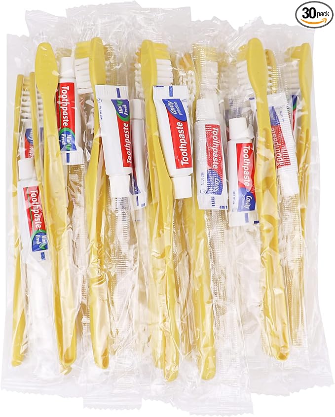 Disposable Toothbrushes with Toothpaste,30 Pack Yellow Hollow Individually Wrapped Disposable Travel Toothbrushes Kit in Bulk for Homeless,Nursing Home,Hotel,Charity