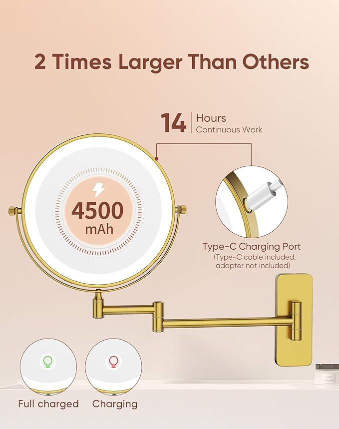GURUN 8" Rechargeable Wall Mounted Makeup Mirror- 10X Magnifying Mirror with Light | 3 Color LED Lighting & Touch Control | 360° Rotation & Extended Arm | Dual-Sided Bathroom Mirror M1406DGJ(8",10X)