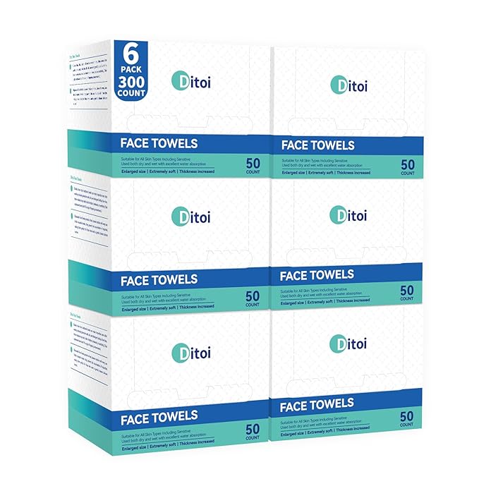 Ditoi Disposable Face Towels,Ultra Thick Face Towelettes XL, Lint-Free Cotton Facial Cloths for Makeup Removal,10"×12", 300 Count (6 Pack)