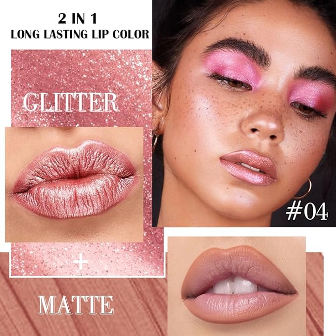 evpct Rose Gold Metallic Glitter Lip Liner and Lipstick Combo Lip Gloss Stain Set Makeup for Women Long Lasting Waterproof 24, Nude Pink Frosted Metallic Shimmer Glossy iridescent Liquid Lipstick 04