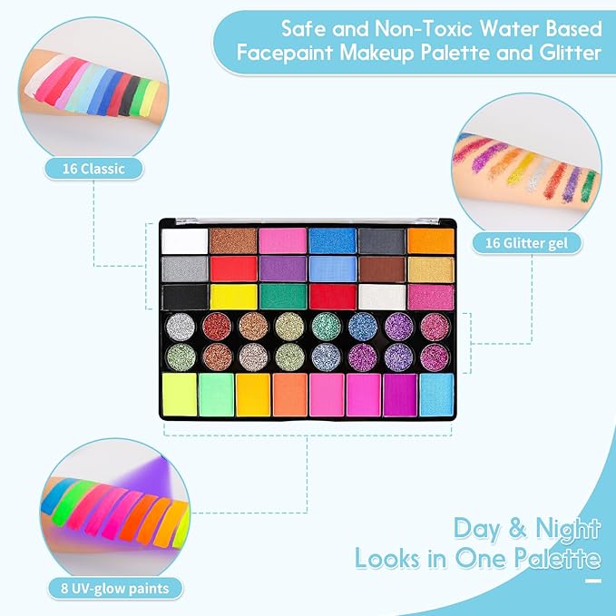 Pintada 42 Color Face Painting Kit for Kids - Non Toxic Water Activated Face Paint Palette With Stencils, Brush, Gems. For Carnival, Halloween, Costume Makeup and Any Creative Activity with Kids