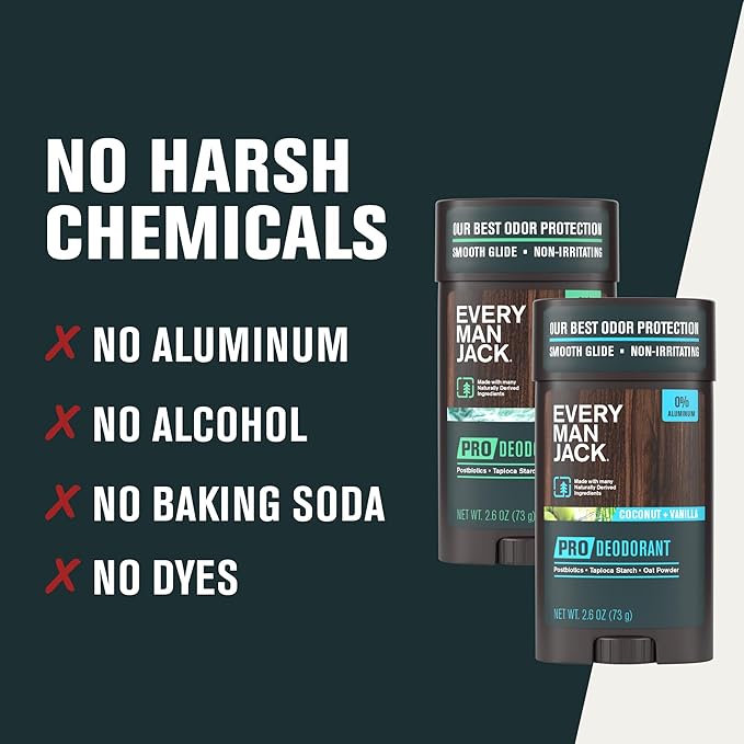 Every Man Jack Men's Pro Deodorant - 48-Hour Odor Defense Blend - Aluminum Free - Contains Postbiotics, Tapioca Starch & Oat Powder - Coastal Surf & Coconut + Vanilla Bundle - 2.6 oz (2 Pack)
