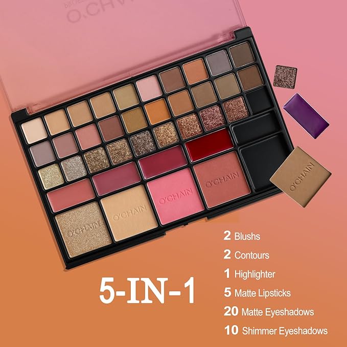 O'CHAIN 40 Colors Makeup Palette Set, Vegan & Cruelty-Free, with 30 Eye Shadows, 5 Lipsticks and 5 Face, All-in-One Beauty Kit for All Skin Tones