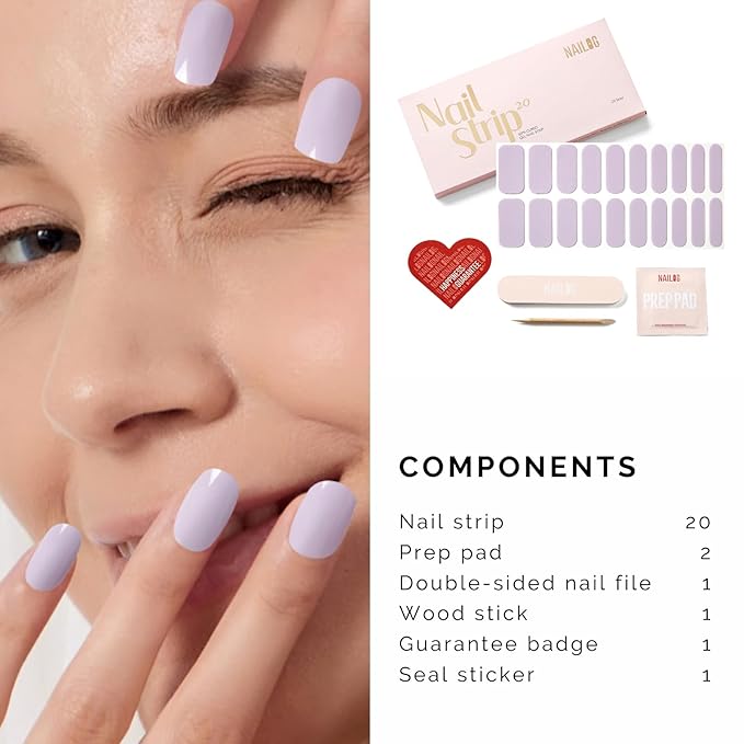 Semi Cured Gel Nail Strips - NAILOG 20 Pcs Light Purple Gel Nail Stickers Extra Long Nail Wraps with Glossy Gel Finishing for Spring Summer, Lilac