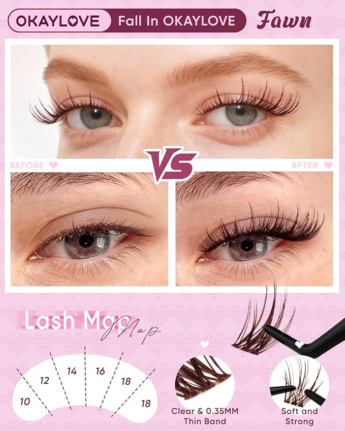 OKAYLOVE Brown Lash Clusters Kit, FAWN 10-18mm Wispy Lashes Clusters Kit Natural Eyelash Clusters Kit, 144pcs CC Curl Eyelashes Extension Kit Individual Lashes with Bond and Seal, Remover, Tweezers