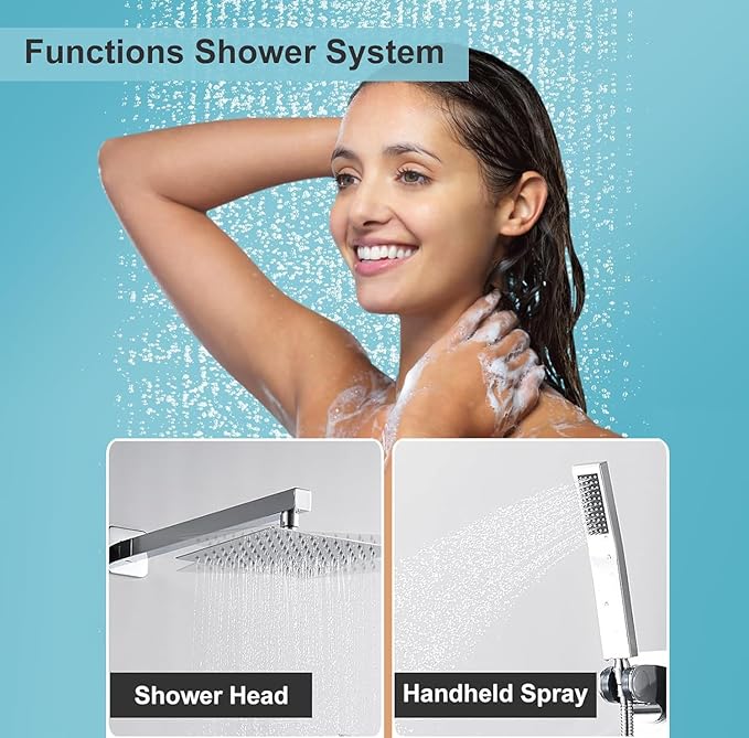 RTTWYYUU Chrome Shower System 10 Inch, Rain Shower Head with Handheld Spray, Luxury Rain Shower Set Square Wall Mount for Bathroom with Rain Shower and Handheld Shower System