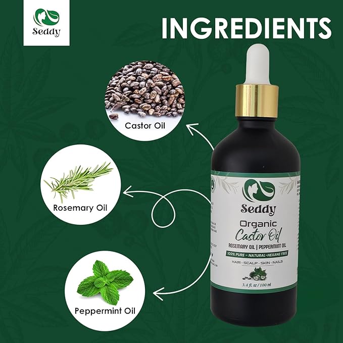 Seddy Organic Castor Oil with Rosemary & Peppermint Hair Growth Oil, Eyelashes, Eyebrows, Skin, & Nails | Hair and Scalp Treatment Oil - 3.4 Fl. Oz