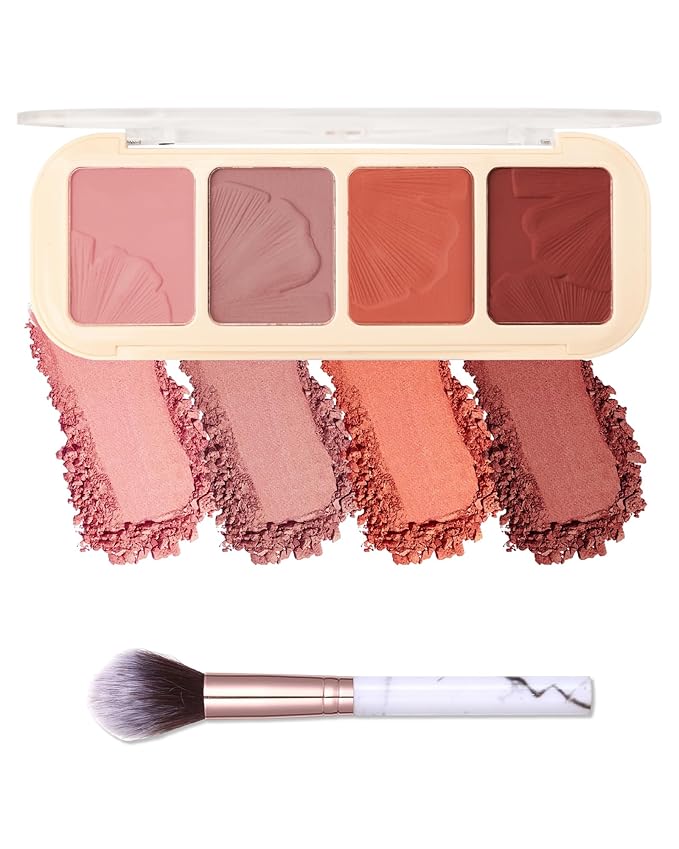 Matte Face Blush Palette Kit with Brush-4 Color Pink Plum Orange Silky Mineral Blendable Blusher Contour Powder for Cheek,Longlasting Facial Beauty Valentine's Women’s Day Makeup Gift for Women-01