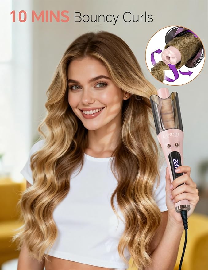 LANDOT Automatic Curling Iron 1-inch: Easy-to-Use Self Curling Wand with Auto Rotation, Anti-Tangle Technology for Beginners, Ideal Gift for Girls & Teens - Charming Pink