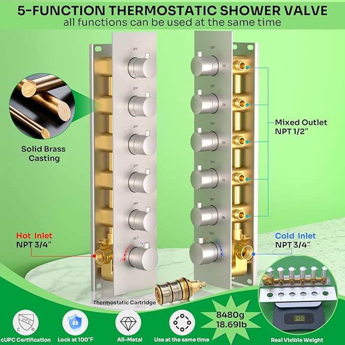 HOMEDEC Couples Luxury Shower System, 15x28" Rain 4-Function and 6" Side Shower Heads, 5-Way Diverter Valves Shower Faucet Set, Brushed Nickel
