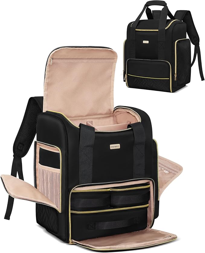 BAFAMYE Large Travel Makeup Bag with 2 Removable Case, Dual-Shoulder Multi-Functional Cosmetic Bag,Double Layer Big Capacity, Portable Toiletry and Skincare Storage Pouch Black