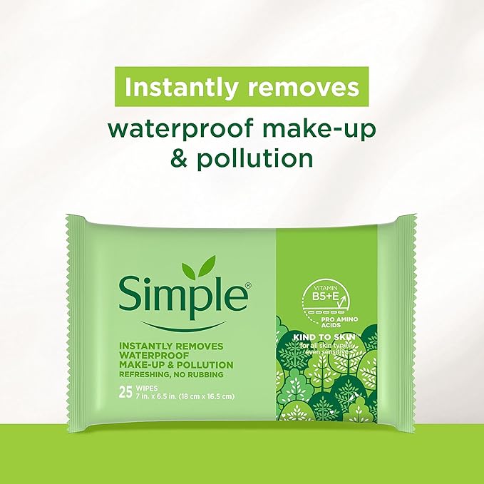 Simple Kind To Skin Cleansing Makeup Remover Wipes - Vegan Facial Cleanser Wipes with Vitamin B5 and E - Removes Waterproof Makeup - 4 pc