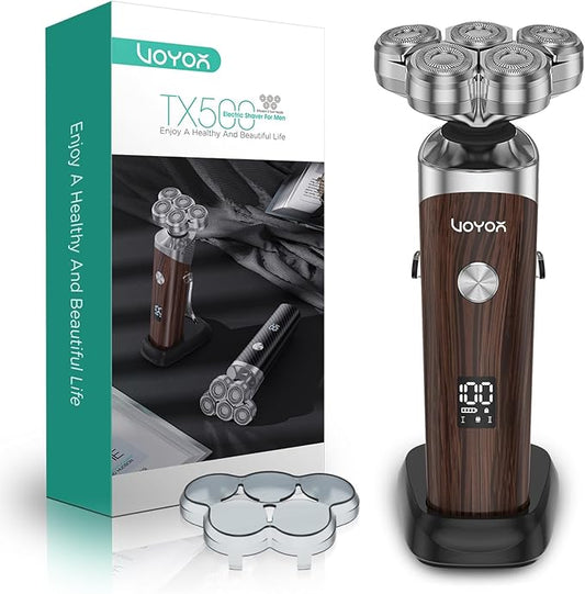 VOYOR Electric Razor for Men - 5D Floating Shavers for Men Magnetic Electric Shaver Rechargeable Face Shaver LED Display Wet Dry Shaving IPX6 Waterproof Mens Rotary Razor TX500 (Woodgrain)