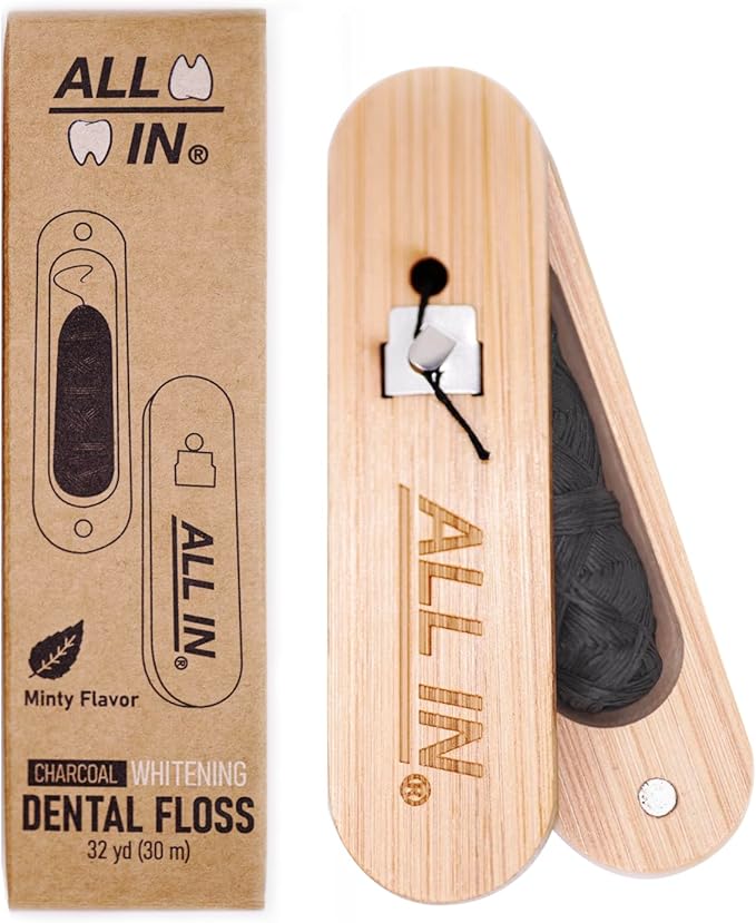 ALL IN Waxed Charcoal Floss with a Refillable Dental Floss Magnetic Holder - Plant Based, Natural, and No PFAS - Mint Floss for Effective Plaque Removal, Clean Teeth, Fresh Breath - 32 yd