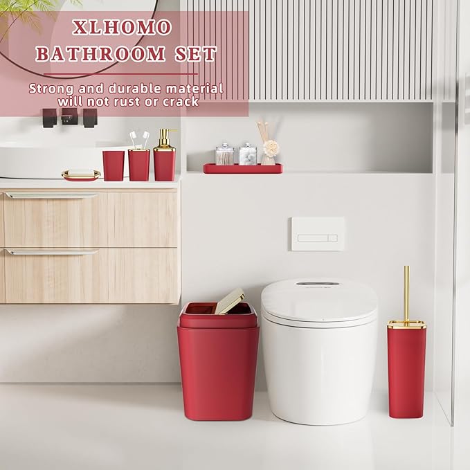 XLHOMO Bathroom Set – Burgundy Bathroom Accessories with Ombre Shower Curtain, Bathroom Accessories Set with Trash Can Soap Dispenser Soap Dish for Home