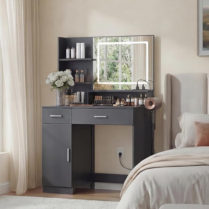 Vanity Desk with LED Mirror and Lights, Makeup Vanity Table with Power Outlet, Drawers, Cabinet, Dressing Table with Open Storage Shelves for Bedroom, Dressing Room, Black
