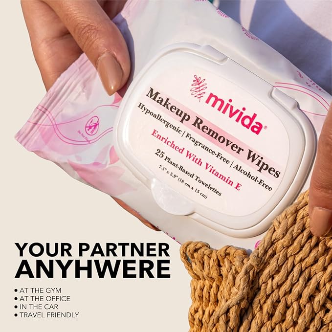 mivida Hypoallergenic Makeup Remover Wipes, Variety Box of 200 Wipes (8x25) 4 Packs with Vitamin E + 4 Packs with Hyaluronic Acid, Fragrance Free,Travel Size Plant-Based make up wipes