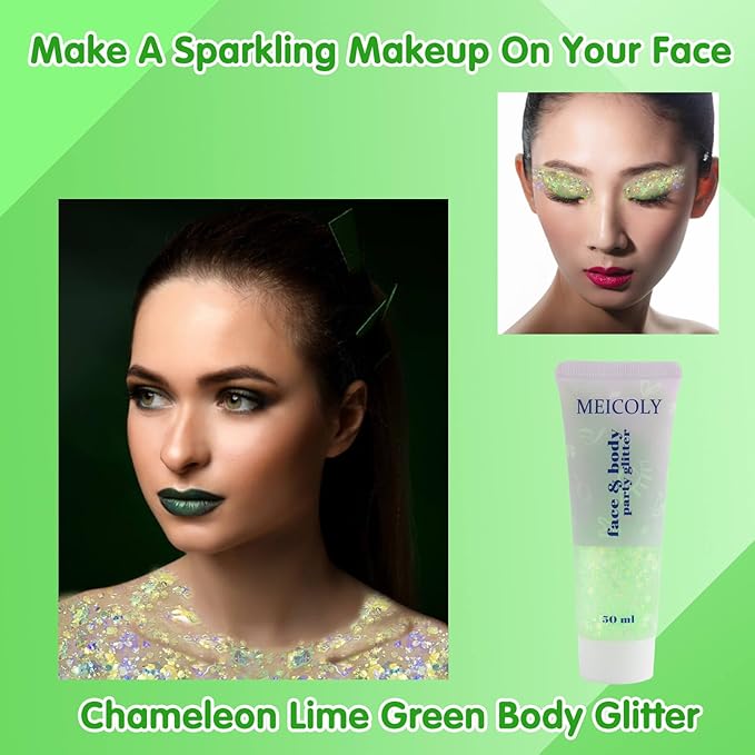 MEICOLY Lime Green Body Glitter,Holographic Chunky Chameleon Face Glitter for Halloween Alien Makeup,Self-Adhesive Color Changing Mermaid Glitter Gel,Glitter for Face Body Hair,Festival Party Cheer