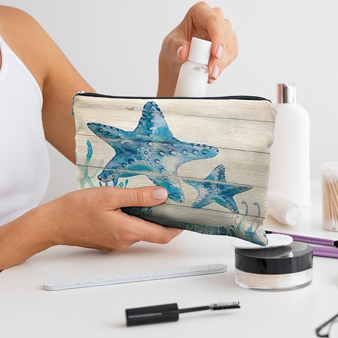 RYYCDOI Ocean Starfish Beach Makeup Bag, Marine Life Sea Animals Cosmetic Bags for Women, Ocean Themed Gifts