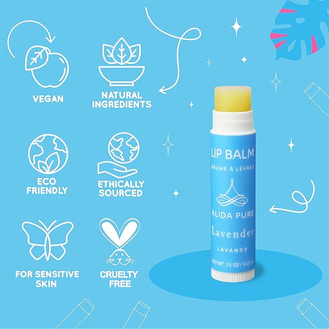 ALIDA PURE Lavender Lip Balm, Cruelty Free, Vegan Set, Beeswax Free, with Organic Jojoba and Avocado Oil, Vitamin E, Natural Moisturizer for Dry, Chapped, or Cracked Lips, 3 Tube Set