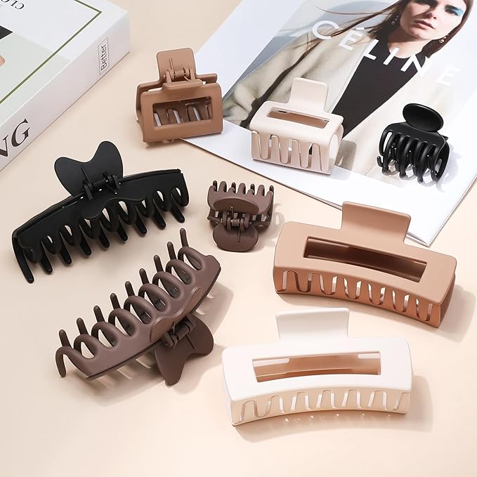8 Pcs Large, Medium and Small Hair Accessories for Women and Girls - Thick and Thin Hair Clips in 4 Styles: Claw, Rectangle, Square, Butterfly (Brown)