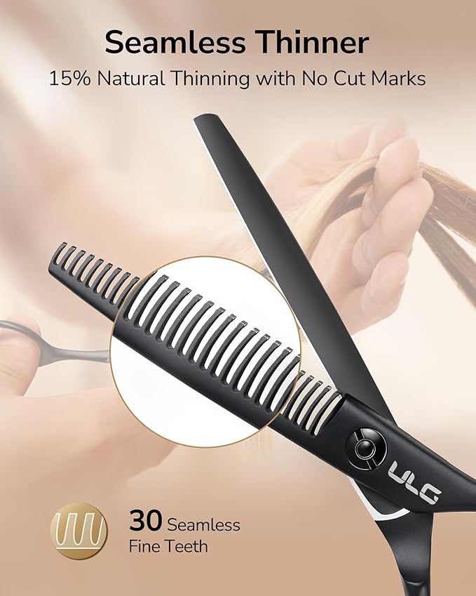 ULG Seamless Thinning Shears – Professional Stainless Steel, Teflon Coated, 32-Teeth Texturizing Scissors, Precision Serrated Blades for Natural Thinning and Layering, Ideal for Stylists and Barbers