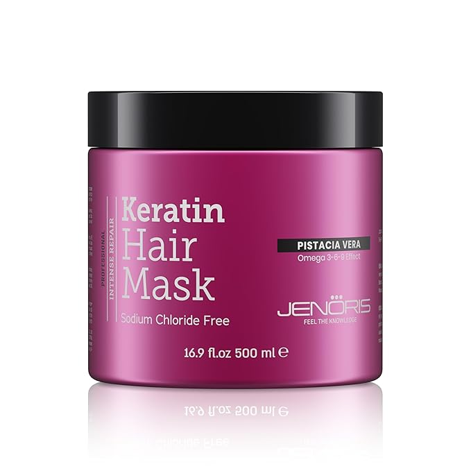 Jenoris Keratin Hair Mask for Dry, Damaged & Frizzy Hair – Deep Conditioning Treatment with Natural Omega 3-6-9 Complex & Pistachio Oil, Salon-Professional, Paraben & SLS Free, 16.9 Fl Oz