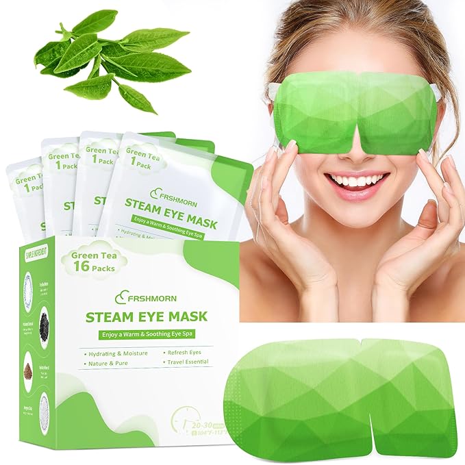 FRSHMORN 16 Packs Steam Eye Mask, Heated Eye Mask for Sleeping, Warm Compress for Eyes, Self Heating Disposal Steam Mask for Home Sleep, Office, Spa, Travel Essentials Stocking Stuffers (Green Tea)