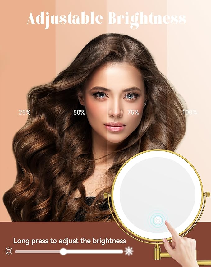 GURUN 8" Rechargeable Wall Mounted Makeup Mirror- 10X Magnifying Mirror with Light | 3 Color LED Lighting & Touch Control | 360° Rotation & Extended Arm | Dual-Sided Bathroom Mirror M1406DGJ(8",10X)