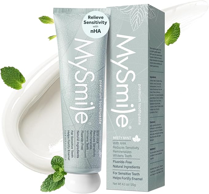 MySmile Fluoride Free Nano Hydroxyapatite Toothpaste for Sensitive Teeth, Strengthens Enamel, Remineralizes & Whitens Teeth, Freshens Breath for Adults, SLS Free, Natural Misty Mint, 4.2 oz