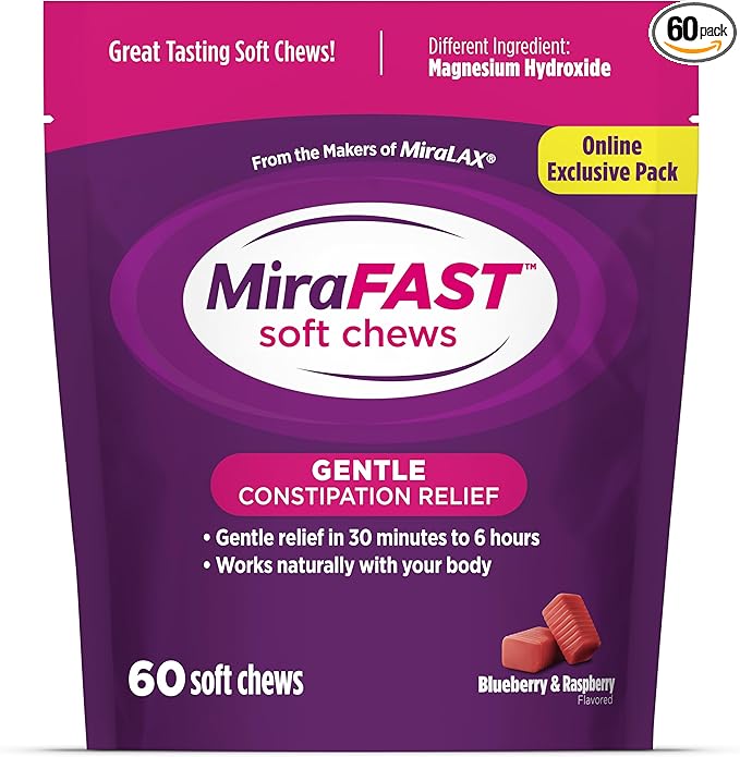 MiraFAST Soft Chews, from The Makers of MiraLAX, Gentle Constipation Relief, Fast Acting, Stimulant Free Saline Laxative, Magnesium Hydroxide, Blueberry & Raspberry Flavor, 60ct