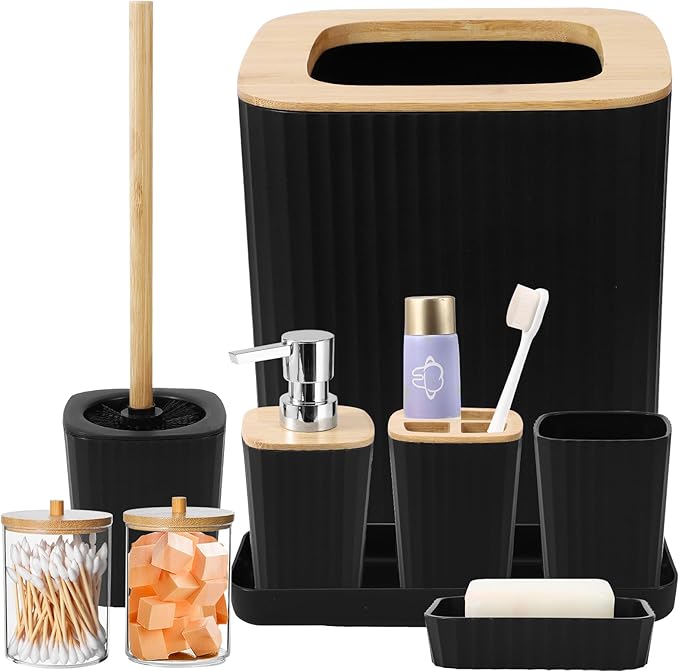 XLHOMO Black Bathroom Accessories Set, 9PCS Bathroom Accessory Set with Trash Can,Tray,Soap Dispenser,Toothbrush Holder,Toothbrush Cup,Soap Dish,Toilet Brush and Q-tip Holders for Housewarming