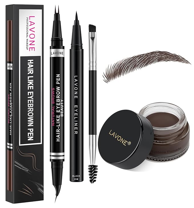 LAVONE Hair-Like Eyebrow Pen Makeup kit, Eyebrow Pencils for Women with Waterproof Microblading Eyebrow Pencil, Eyebrow Pomade, Eyeliner and Eyebrow Brush, Create Full, Natural Brows, Dark Coffee
