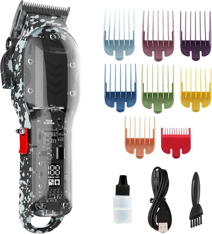 Professional Hair Clippers for Men, Cordless Barber kit for Hair Cutting & Grooming, Hair Clippers Set for Barber Haircut with LED Display 8 Fade Taper Combs(Black)