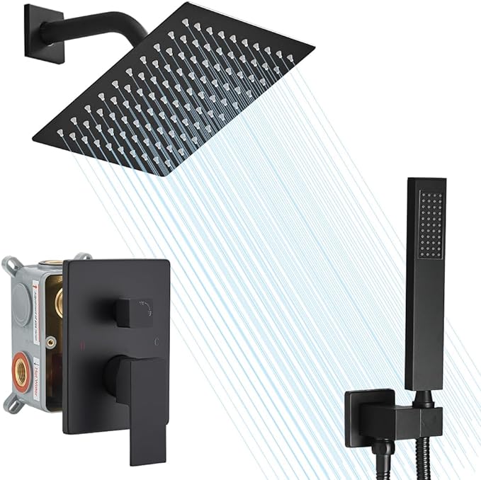 annazom Shower Faucet Set Rain Shower System Matte Black with High Pressure 8-Inch Shower Head Handheld Square Shower Head Bathroom Luxury Rain Shower Faucet Shower Complete Combo Kit Wall Mounted