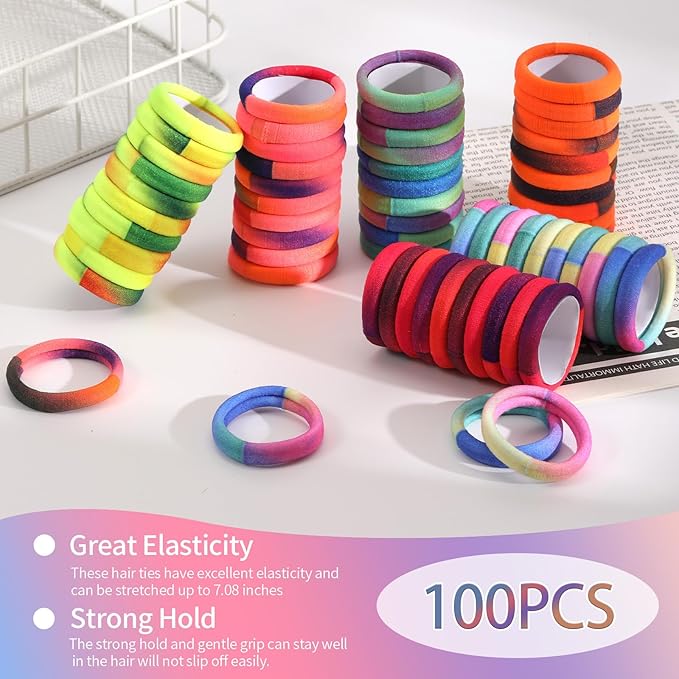 Bessrung 100 PCS Seamless Hair Ties, No Damage Elastic Hair Ties for Women Girls, Strong Hold No Slip Hair Bands, Soft Stretchy Ponytail Holders for Thin Thick Hair Valentine's Gift(Rainbow Color)