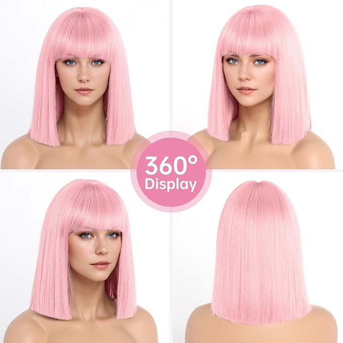 Pink Wig With Bangs Short Bob Straight Wigs for Women Shoulder Length Pink Natural Looking Synthetic Heat Resistant Fiber Wigs for Halloween Costumes Cosplay Daily Use(12 Inch)
