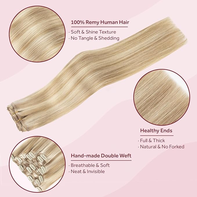 Clip in Hair Extensions Real Human Hair, Silky Remy Hair Extensions Clip Ins, Salon Quality Natural Human Hair, Light Blonde Highlighted Golden Blonde #P16/22 18Inch 120G 7PCS