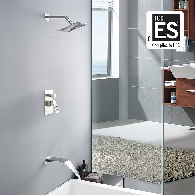 sumerain Tub and Shower Faucet Set with Anti-scalding Pressure Balance Valve, 8 Inch Shower Head and Waterfall Tub Spout, Brushed Nickel