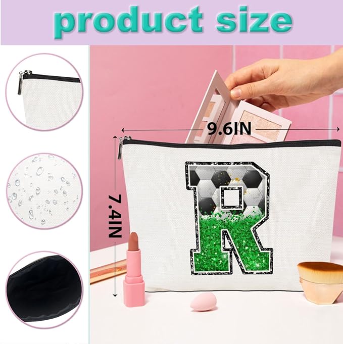 CQM Soccer Gifts Initial Makeup Bag Monogrammed Cosmetic Bag Letter R Zipper Pouch Soccer Accessories for Girls Women Player Coaches Friend Graduation Birthday Gifts