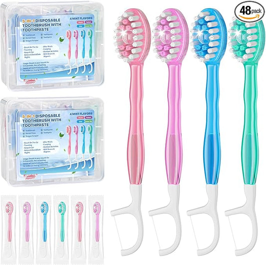 5-in-1 Disposable Toothbrush with Toothpaste (48 Pack), Individually Wrapped Mini Travel Toothbrush, Soft Bristles, Dental Floss, Toothpick & Tongue Scraper, No Water Needed, 4 Flavors