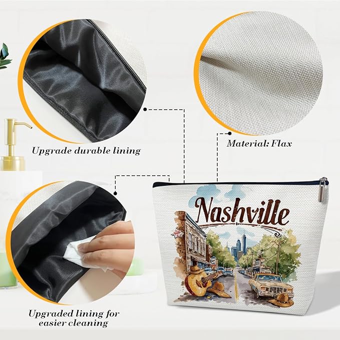 Ythuil Nashville Travelling Gifts Makeup Bag, Watercolor Gift, Nashville Souvenir, Travel Cosmetic Bag for Purse, Trip Favors for Traveller, Travelling Lovers, City Themed Organizer