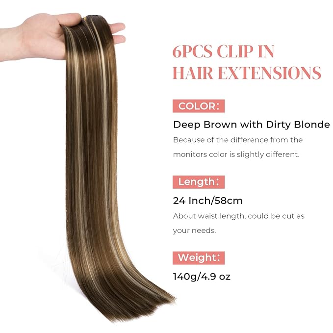 LONAI Clip in hair extensions 6PCS Straight 24" Hair Extensions for Women，Heat Resistant Synthetic Hairpiece -Deep Brown with Dirty Blonde