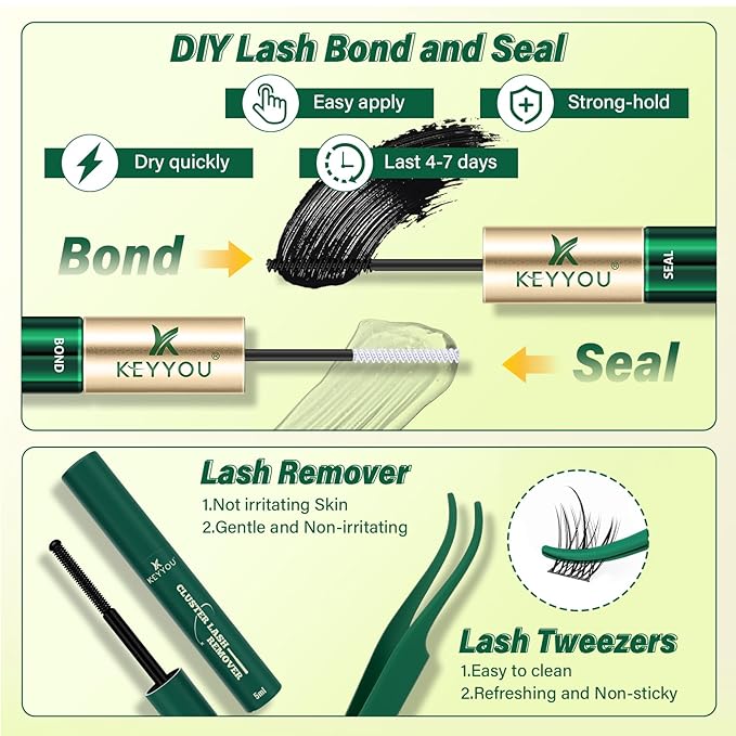 KEYYOU LASH Lash Clusters Kit Manga Lashes 8-18mm C Curl Wispy Lash Clusters Ultra-Thin Natural Lashes with Spike Eyelash Extensions 144pcs Fairy False Eyelashes with Remover Bond and Seal（F03 Kit）